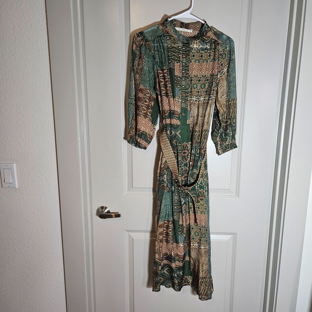 NWOT Ellison‎ Midi Dress Small w Belt and Inner Slip Geometric Print Green Brown